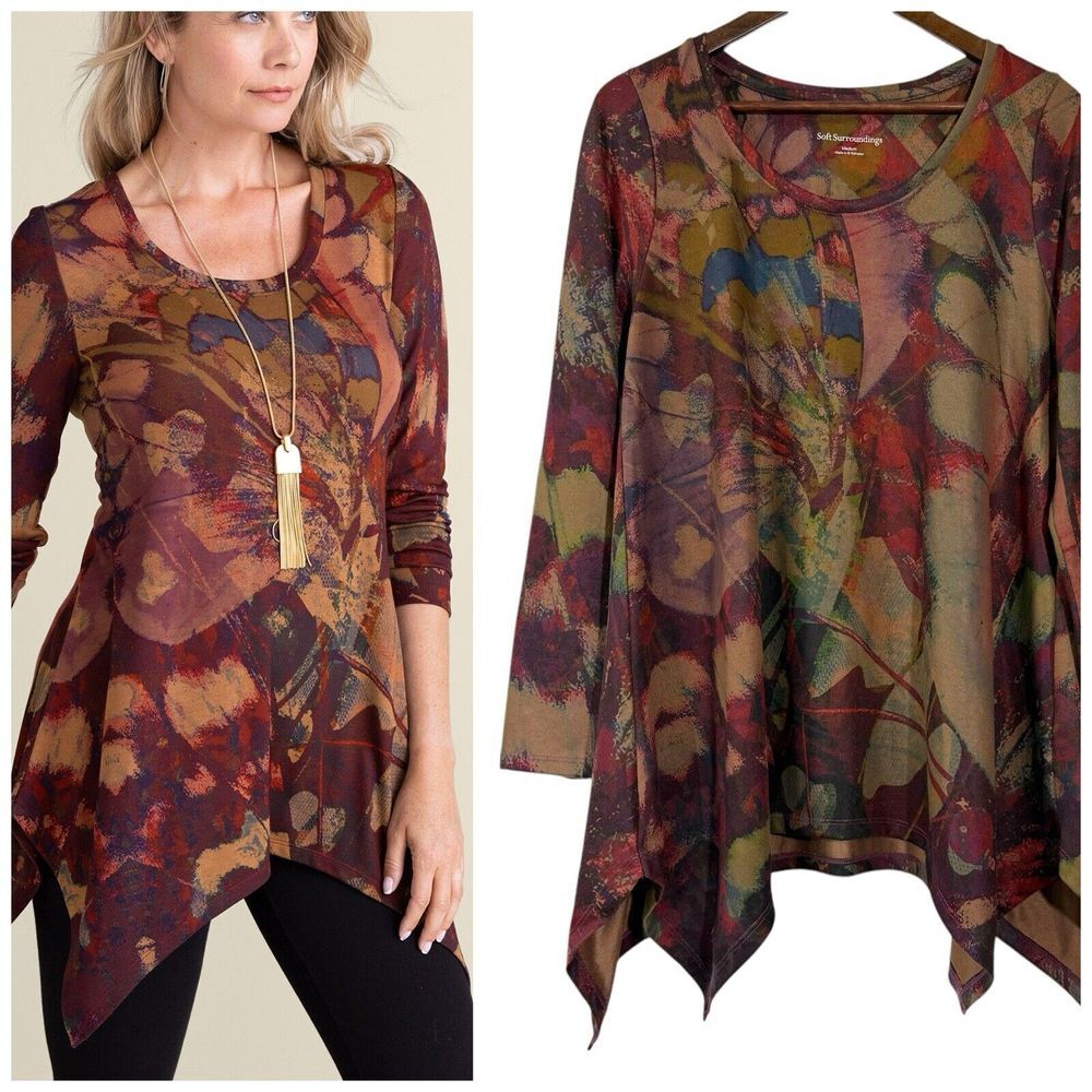 Soft Surroundings Shirt M‎ Artsy Abstract Tunic Top Asymmetrical Sharkbite Hem